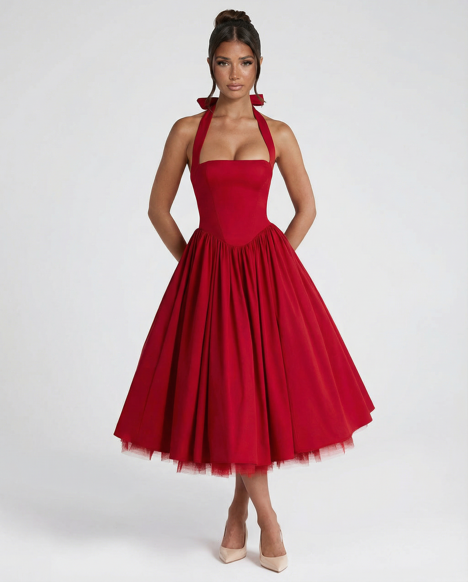 Women's midi halter neck dress with lace-up back