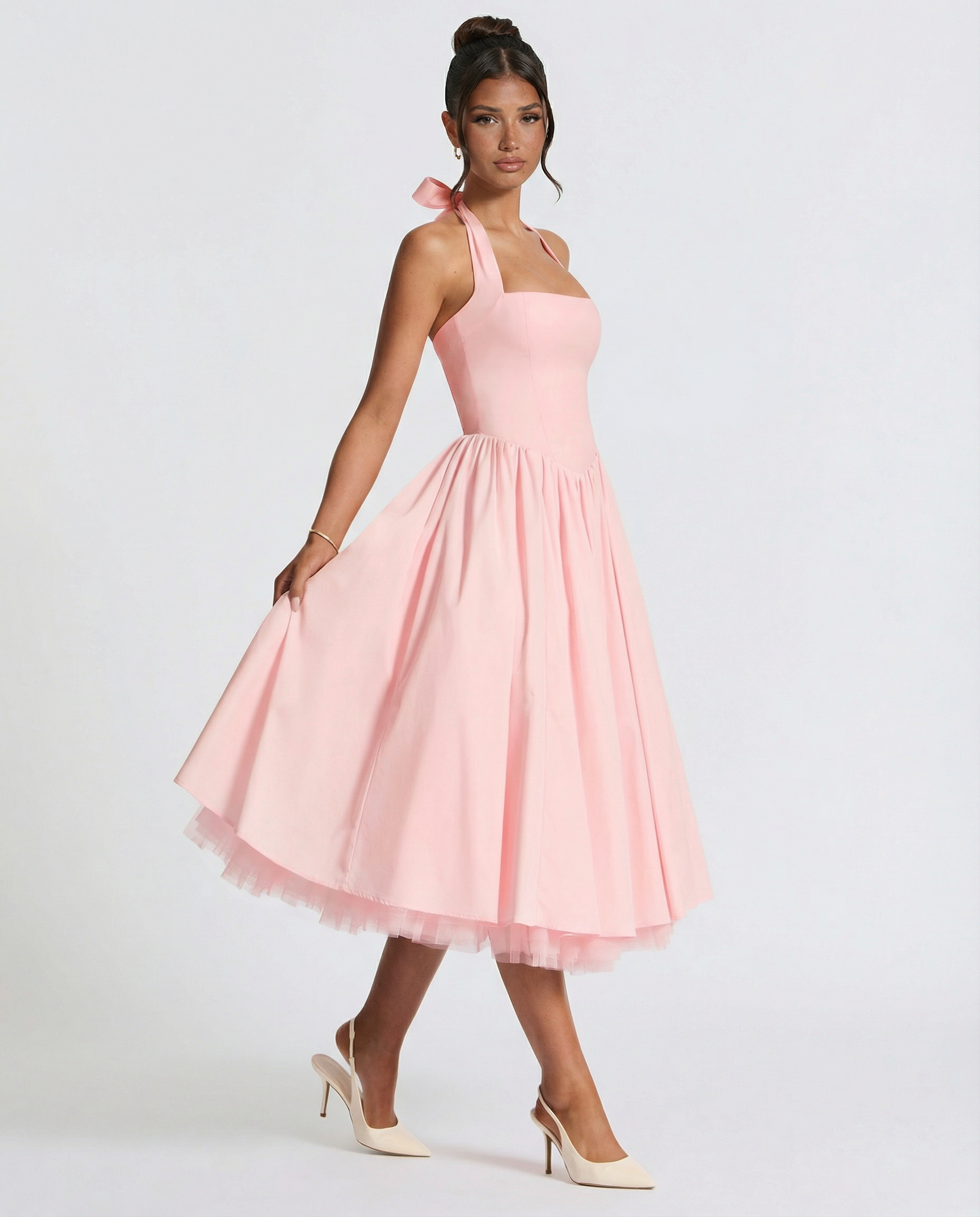 Women's midi halter neck dress with lace-up back