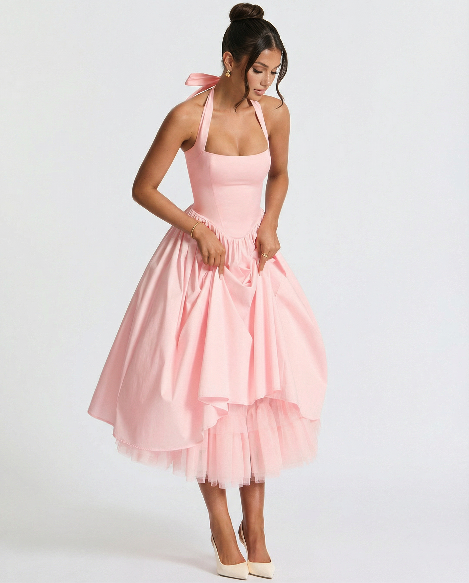 Women's midi halter neck dress with lace-up back