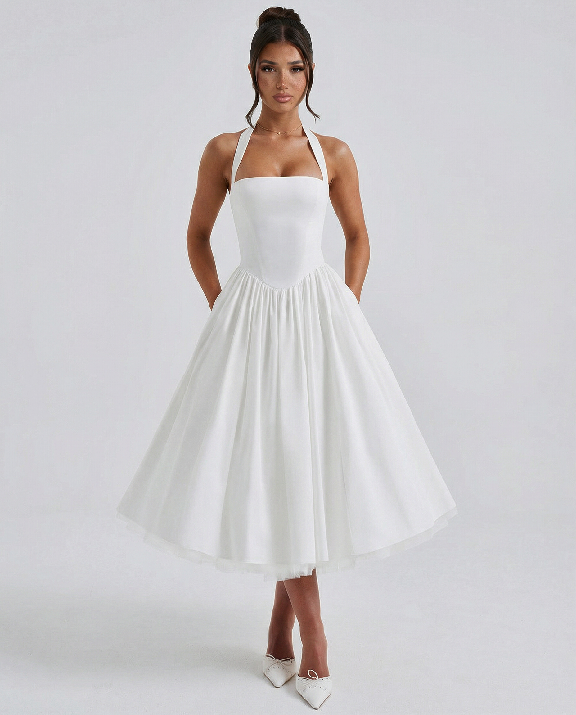 Women's midi halter neck dress with lace-up back