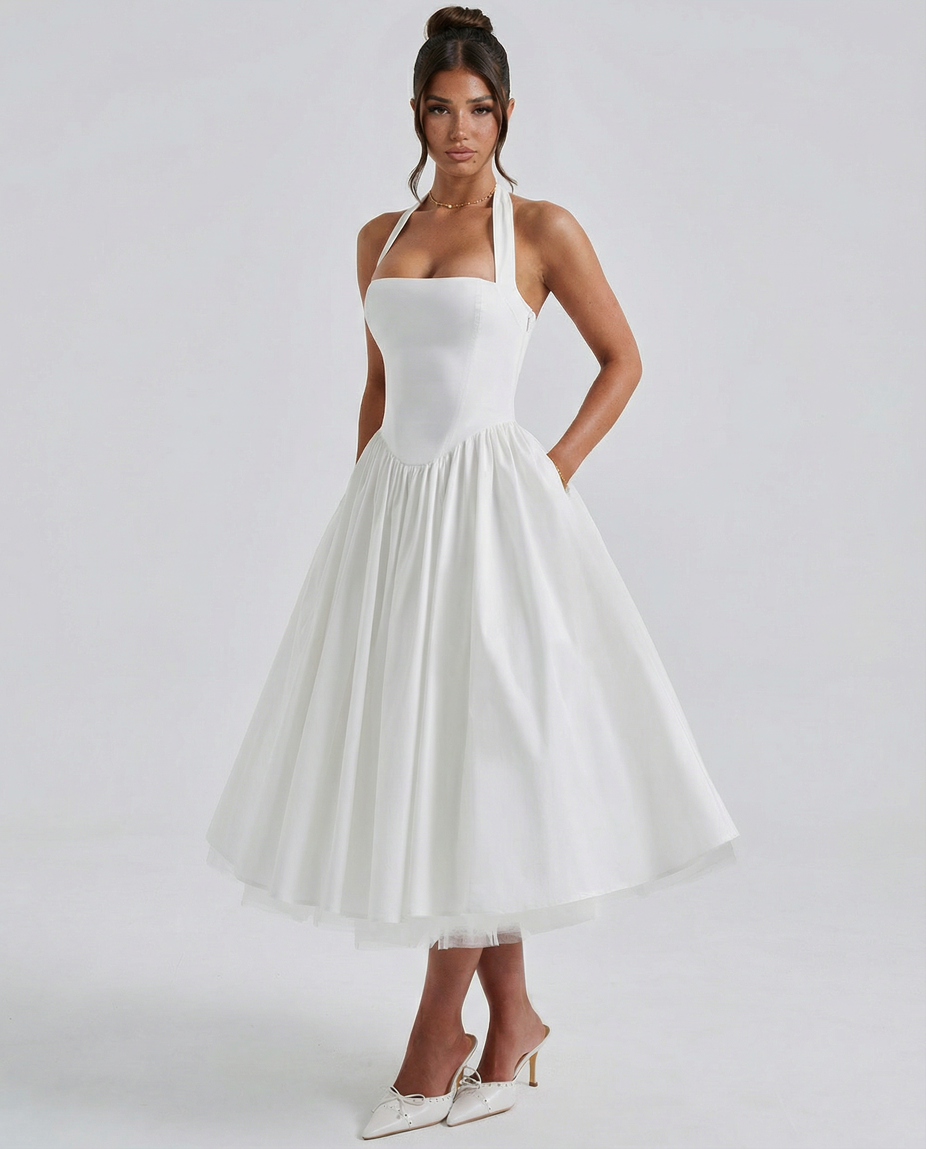 Women's midi halter neck dress with lace-up back