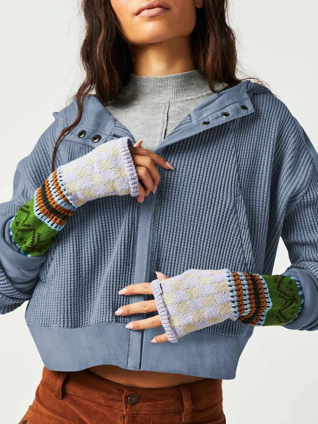 Women's waffle-knit hoodie with drawstring hood