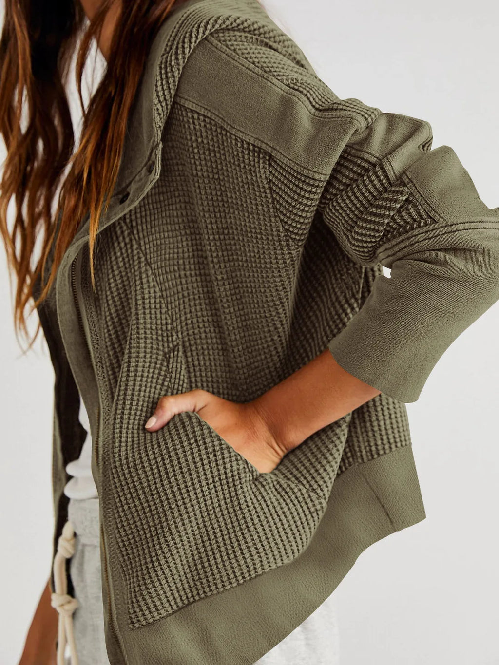Women's waffle-knit hoodie with drawstring hood