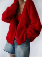 Women's open-front cardigan with long sleeves and ribbed trim