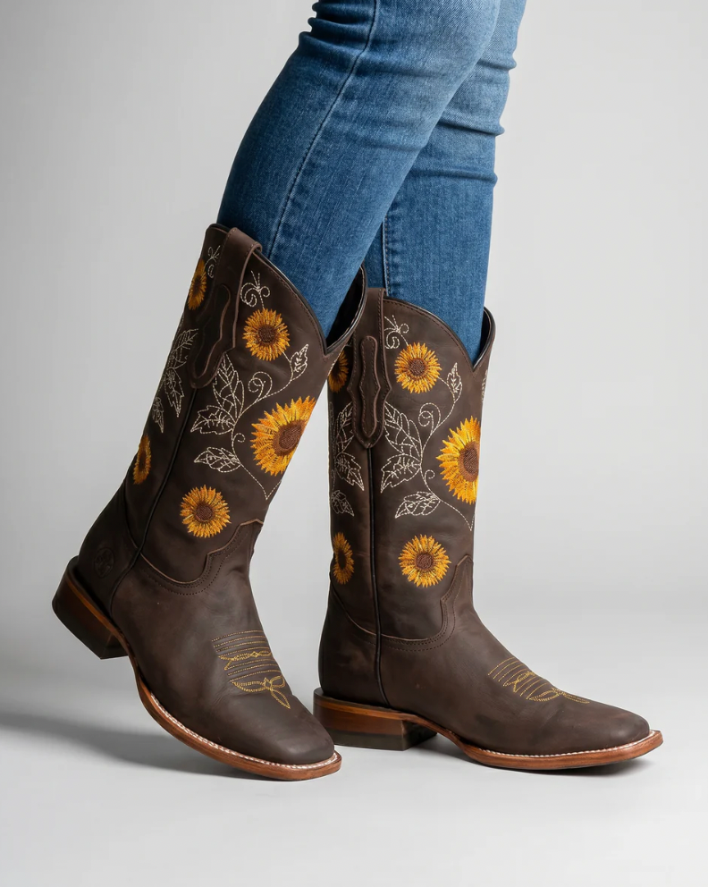 Women's Thick Heel Sunflower Cowboy Boots