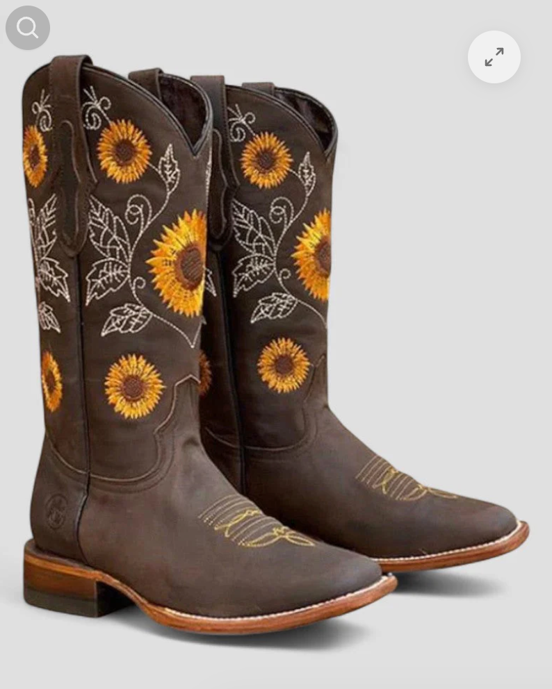 Women's Thick Heel Sunflower Cowboy Boots