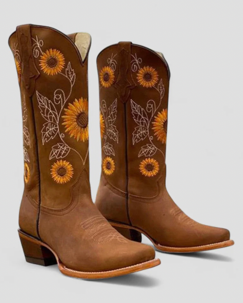 Women's Thick Heel Sunflower Cowboy Boots