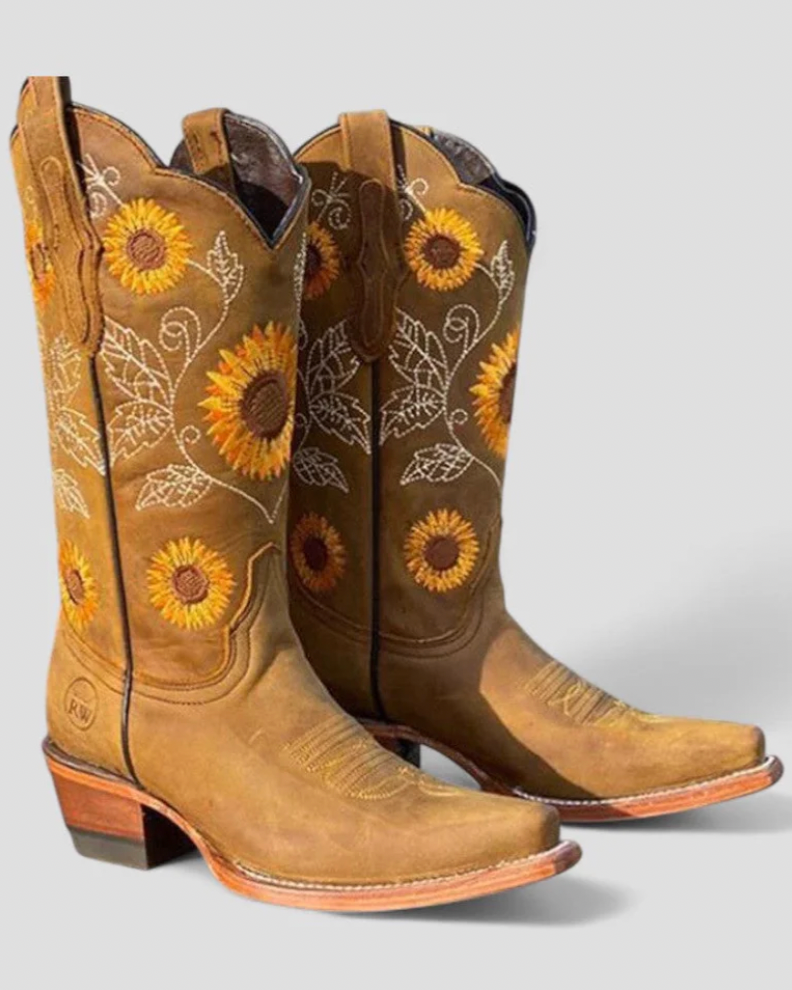 Women's Thick Heel Sunflower Cowboy Boots