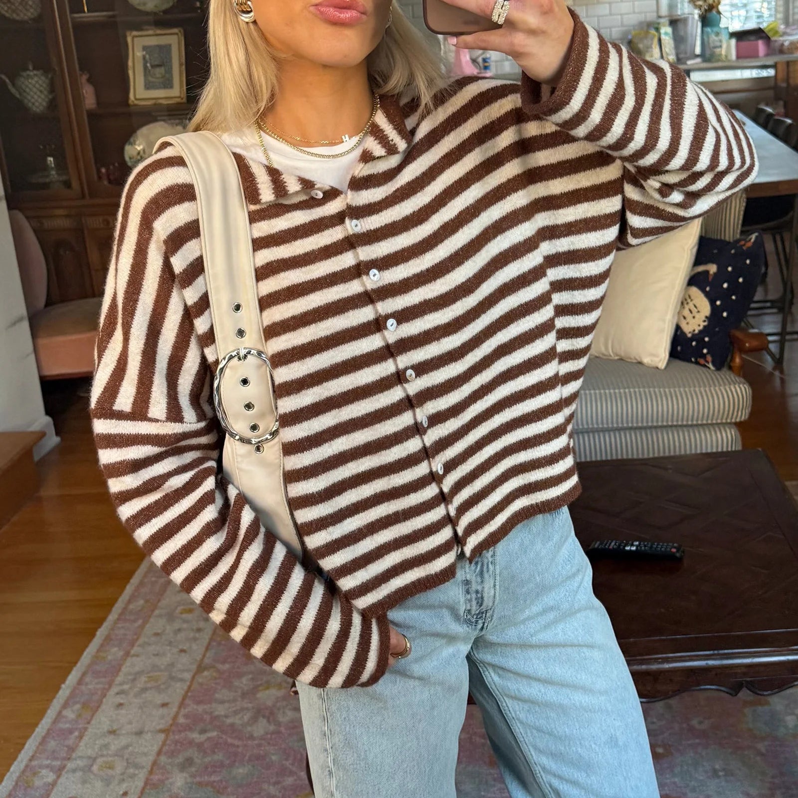 Women's striped cropped cardigan with button front