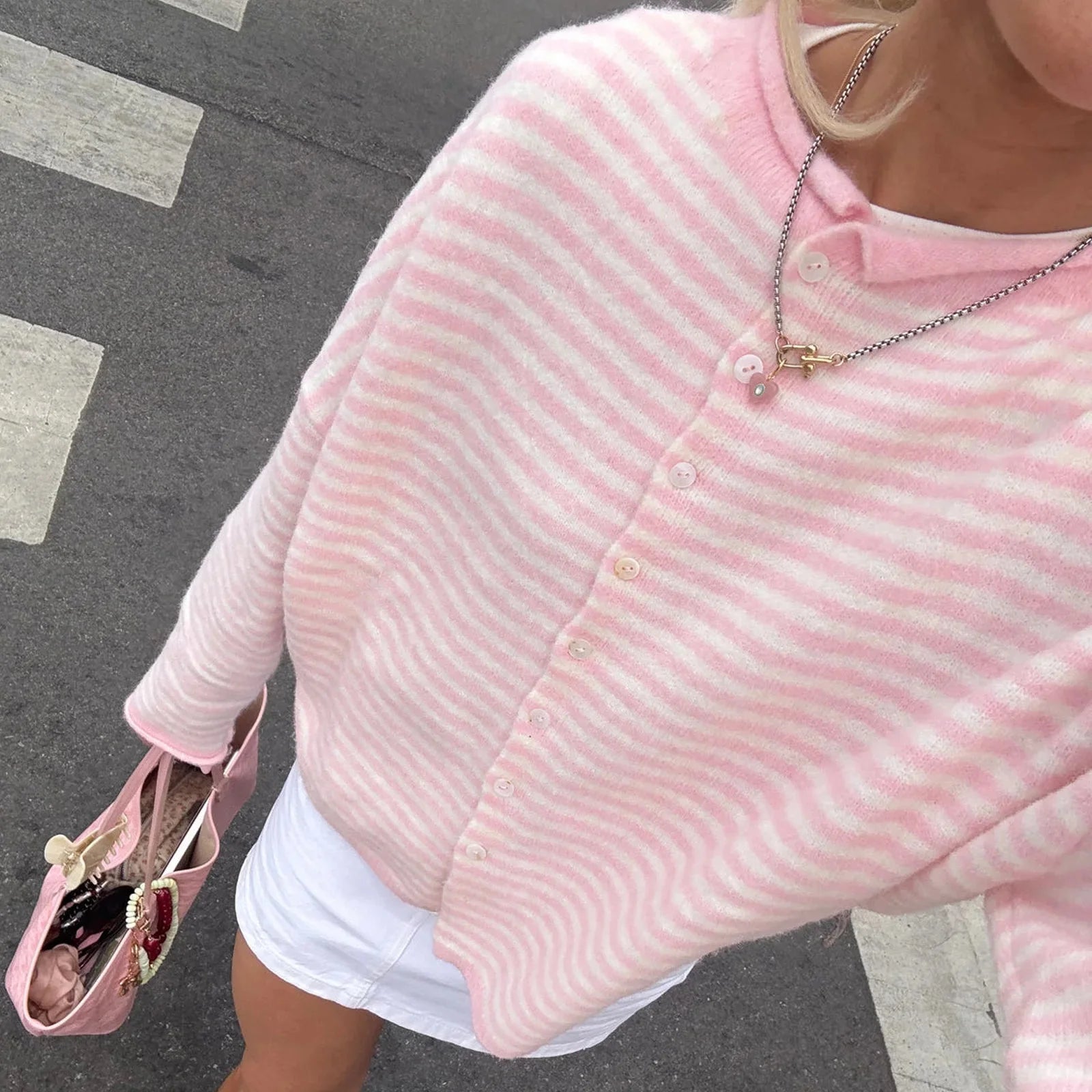 Women's striped cropped cardigan with button front