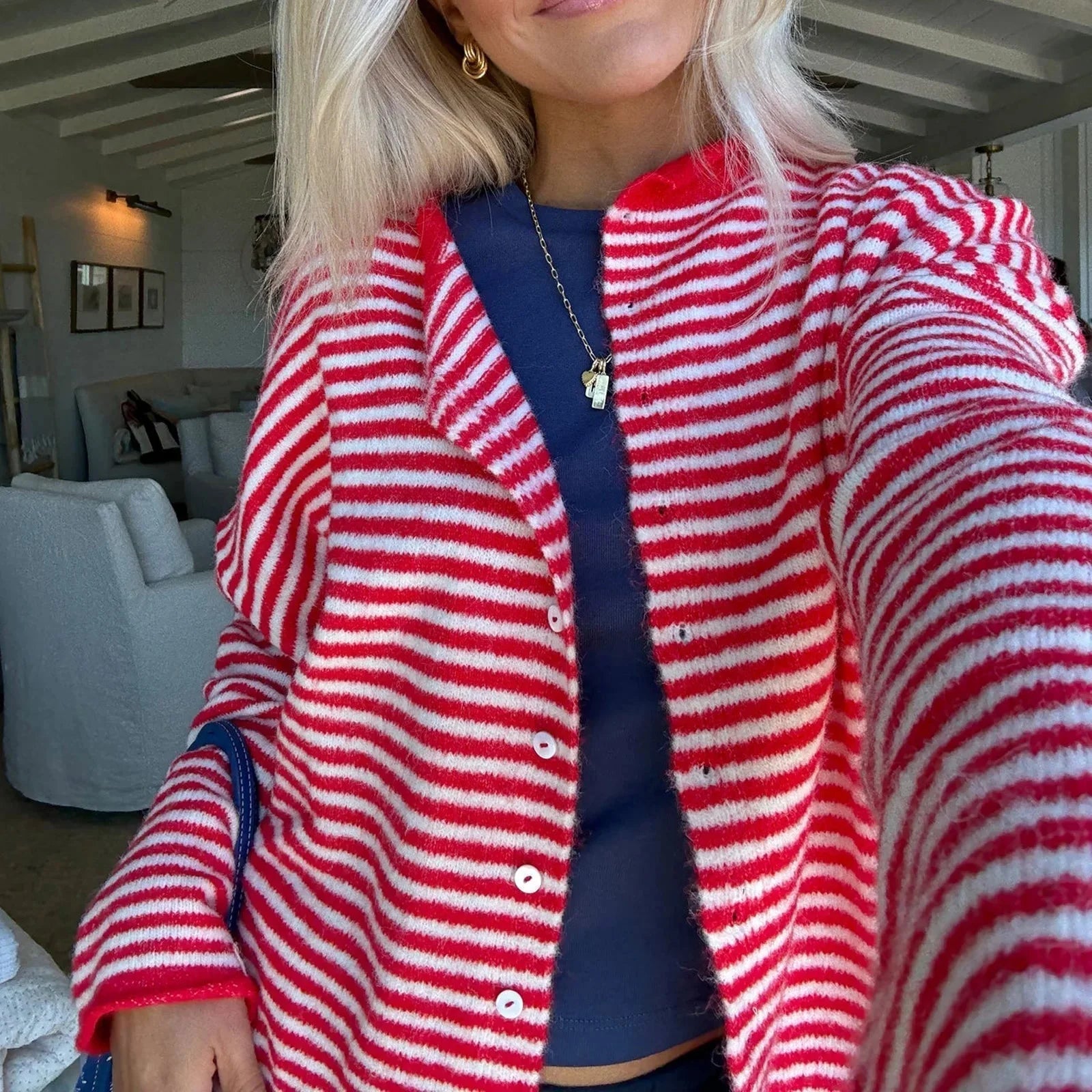 Women's striped cropped cardigan with button front