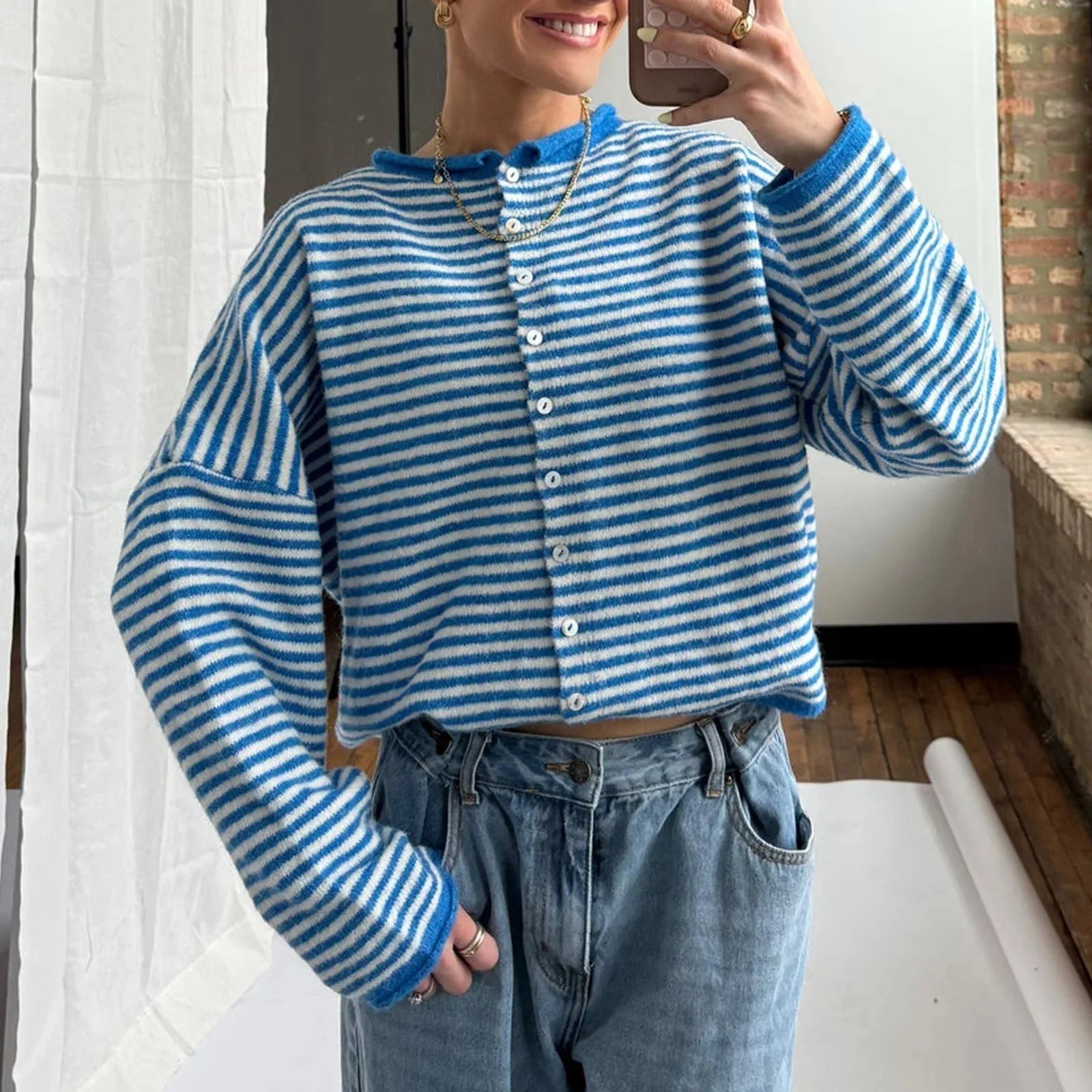 Women's striped cropped cardigan with button front