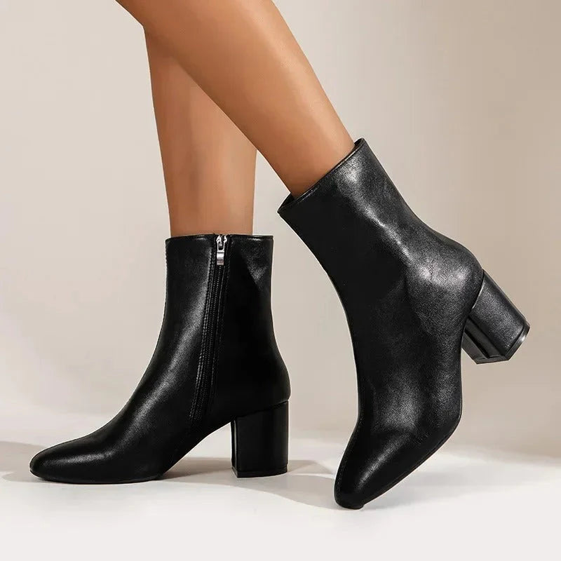 Women’s Pointed-Toe Ankle Boots with Block Heel and Side Zip