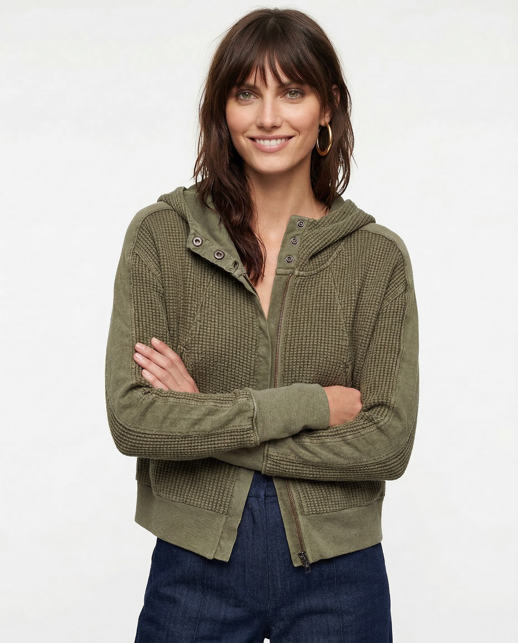 Women's waffle-knit hoodie with drawstring hood