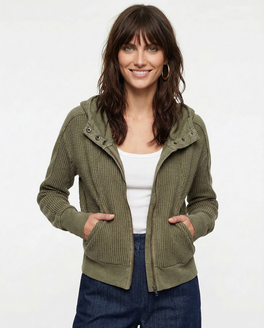 Women's waffle-knit hoodie with drawstring hood