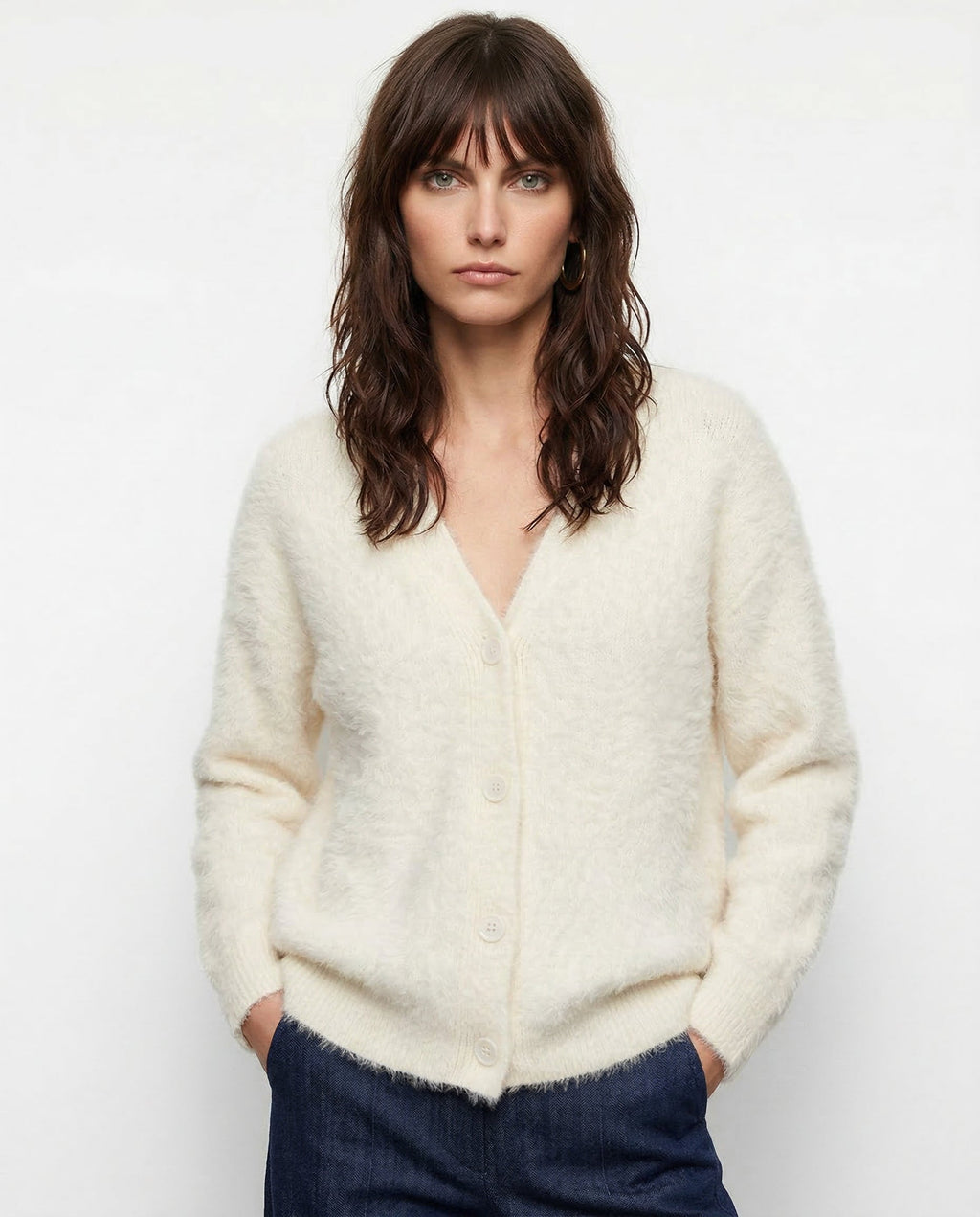 Women's open-front cardigan with long sleeves and ribbed trim