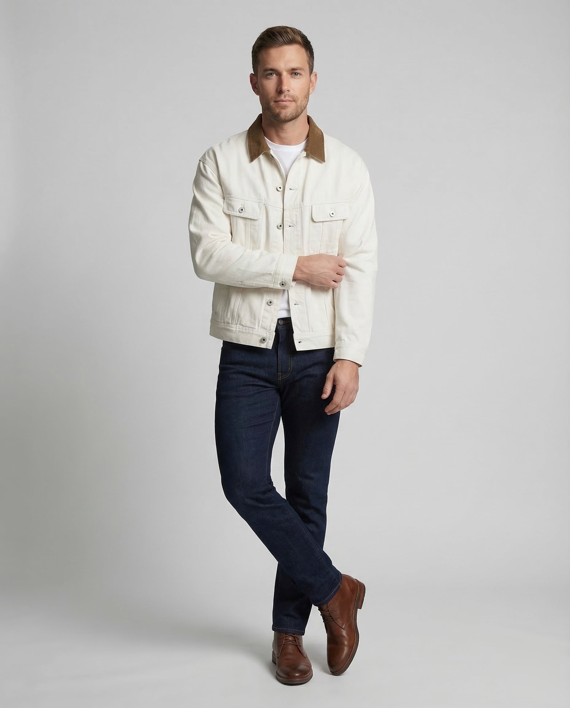 Men's twill trucker jacket with corduroy collar