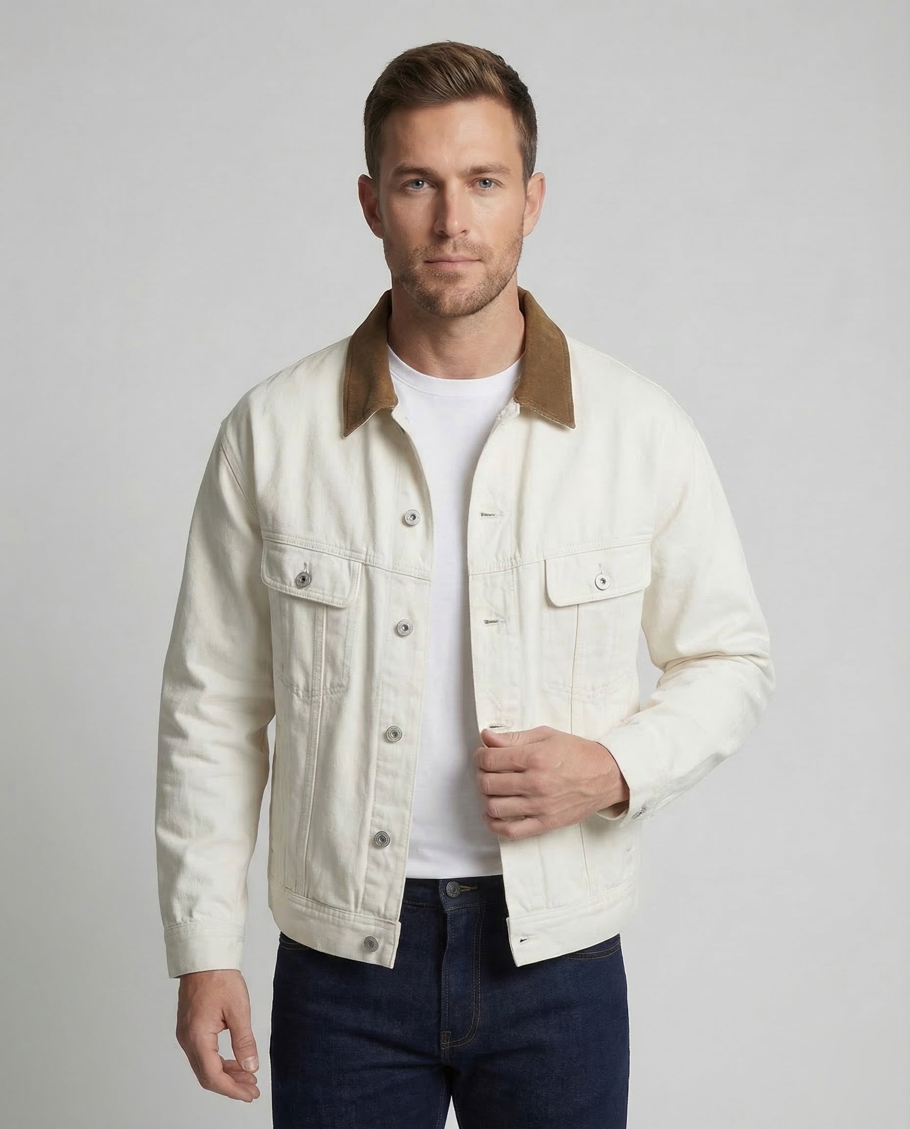 Men's twill trucker jacket with corduroy collar