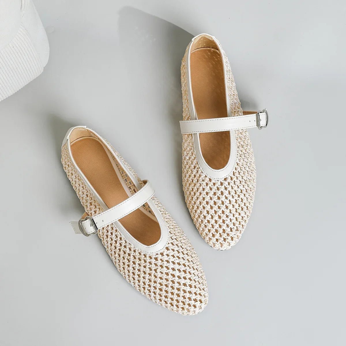 Women's pointed toe Mary Jane flats with open weave