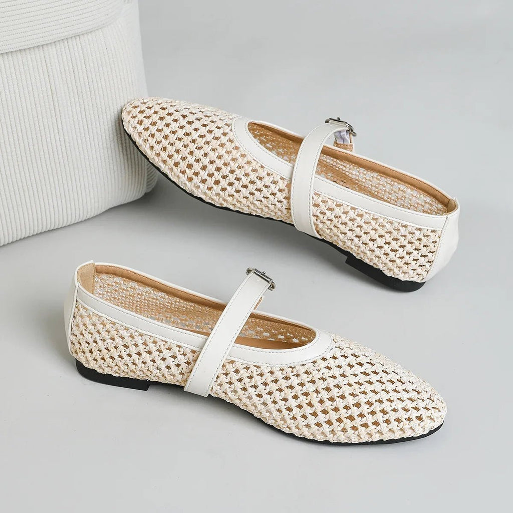 Women's pointed toe Mary Jane flats with open weave