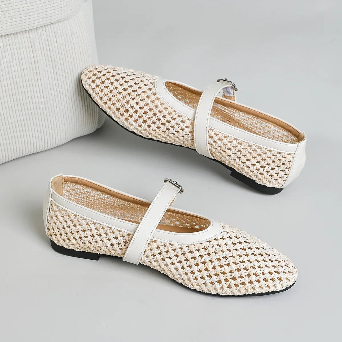 Women's pointed toe Mary Jane flats with open weave