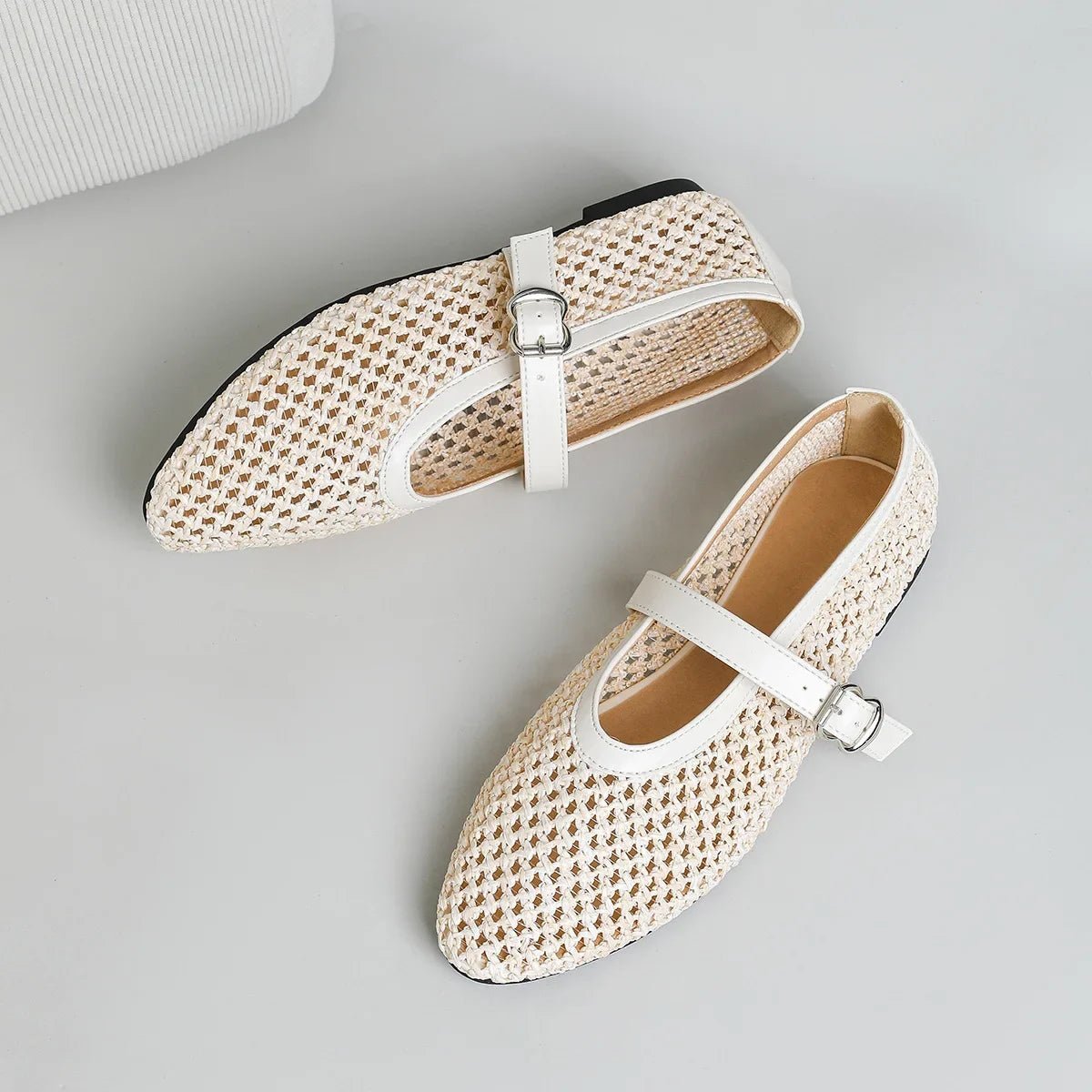 Women's pointed toe Mary Jane flats with open weave