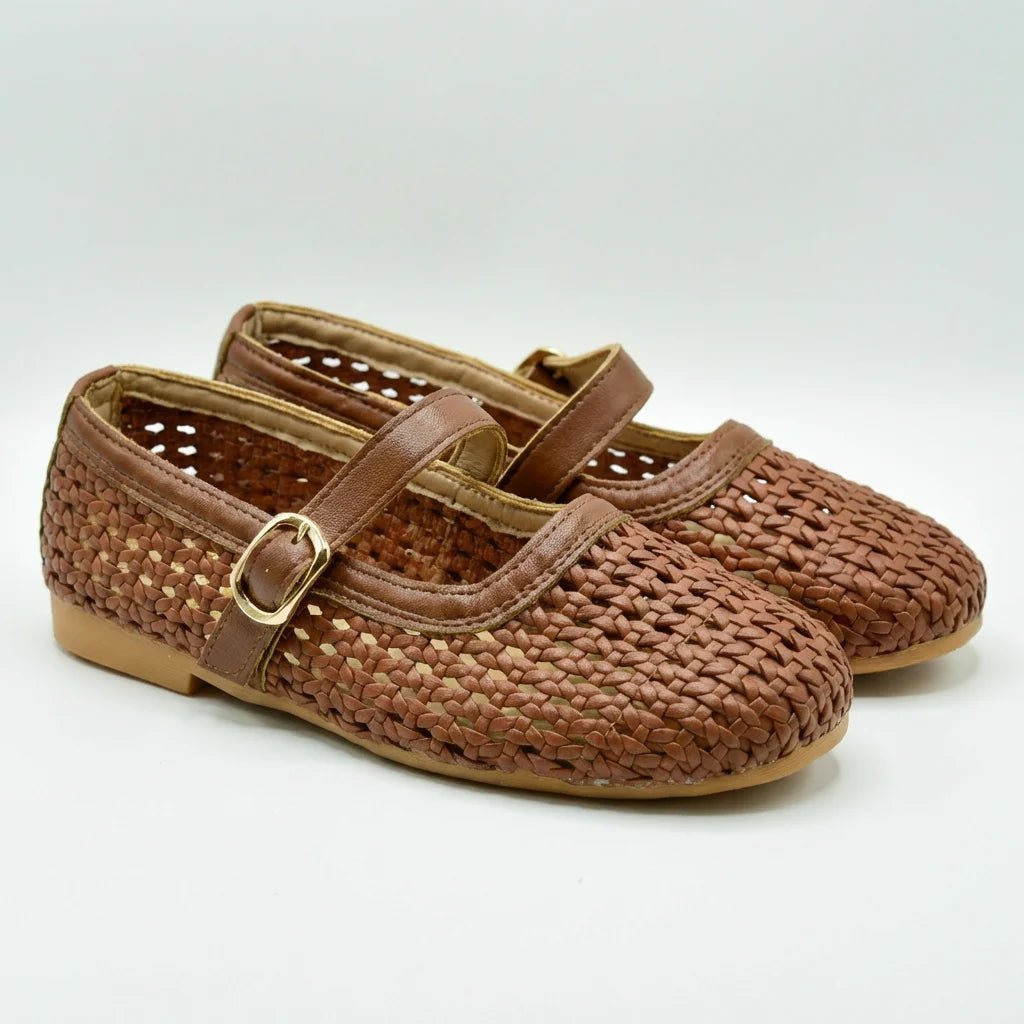 Women's woven mesh Mary Jane flats with buckle strap