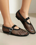 Women's mesh ballet flats with buckle