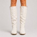 Women’s Knee-High Boots with Low Heel and Side Detail White