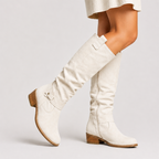Women’s Knee-High Boots with Low Heel and Side Detail White
