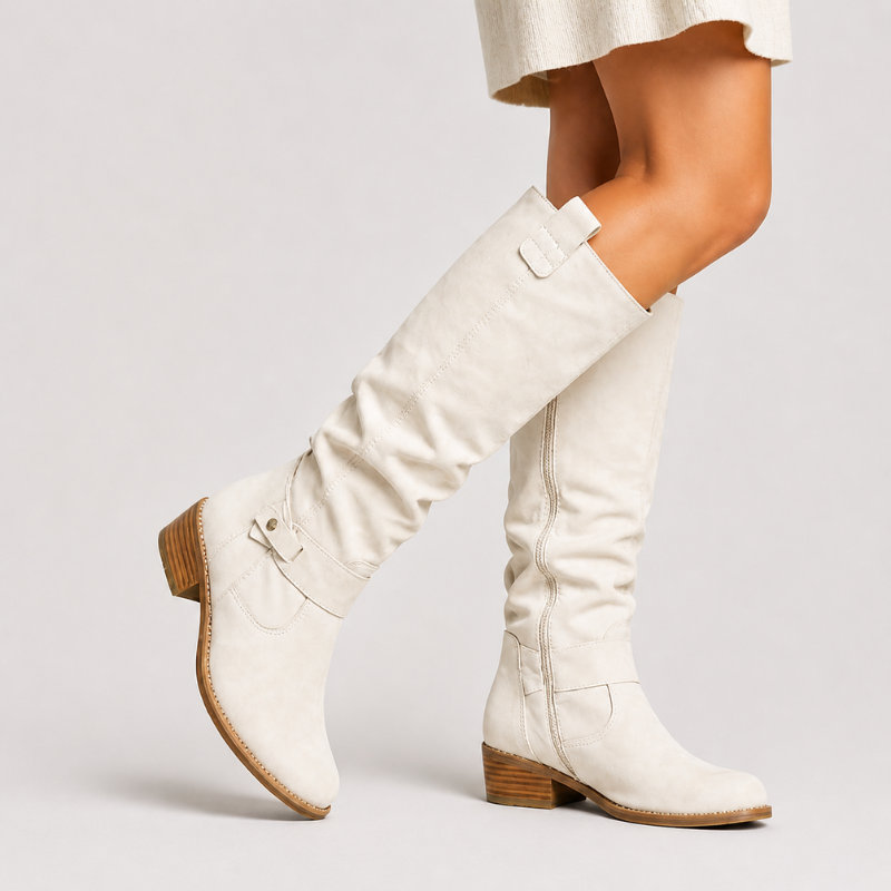 Women’s Knee-High Boots with Low Heel and Side Detail White