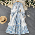 Women's A-line dress with belt and floral pattern