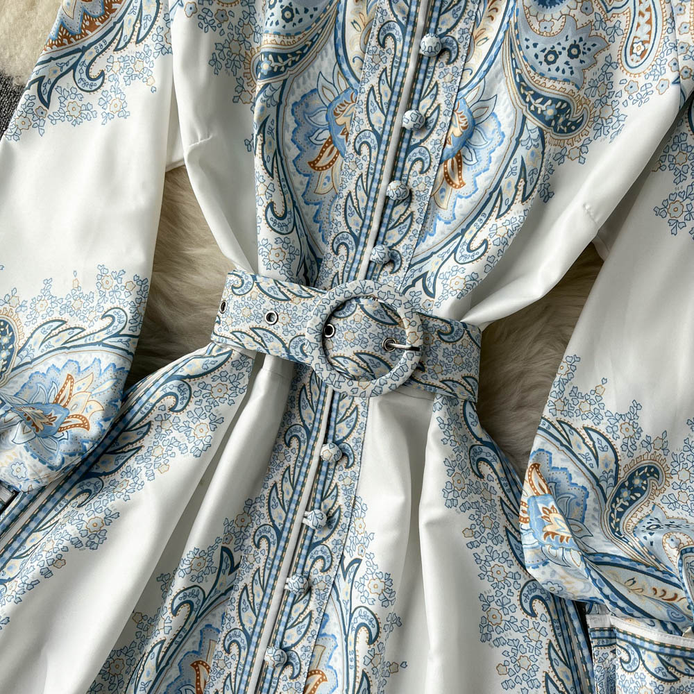Women's A-line dress with belt and floral pattern