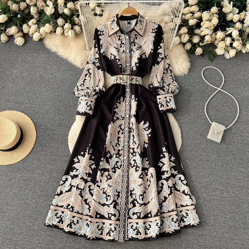 Women's A-line dress with belt and floral pattern