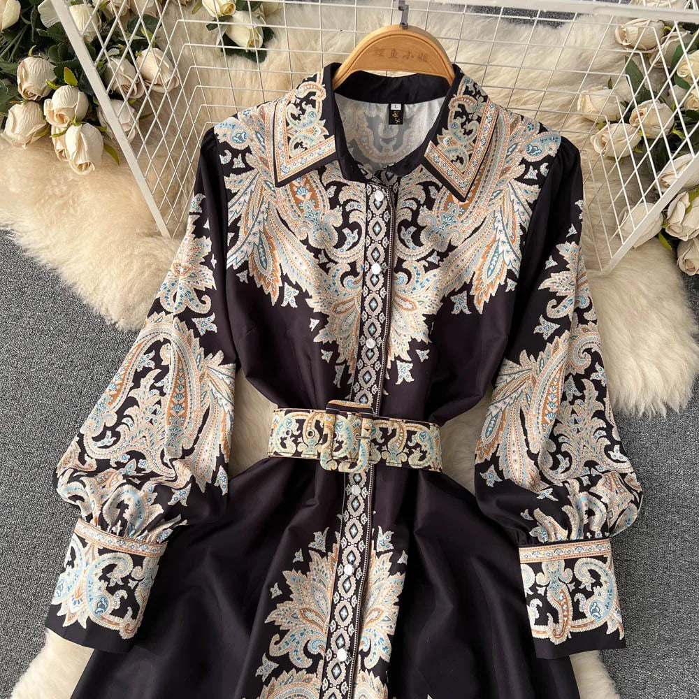 Women's A-line dress with belt and floral pattern