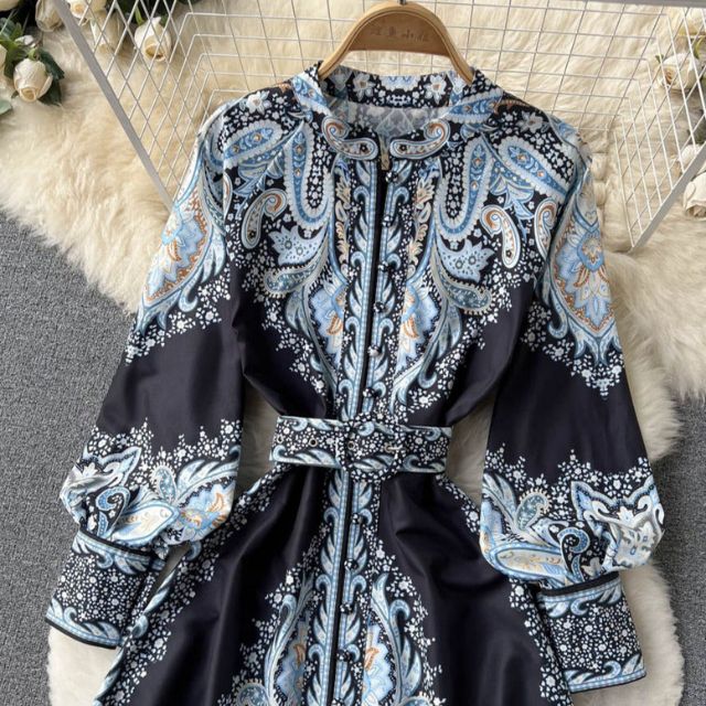 Women's A-line dress with belt and floral pattern