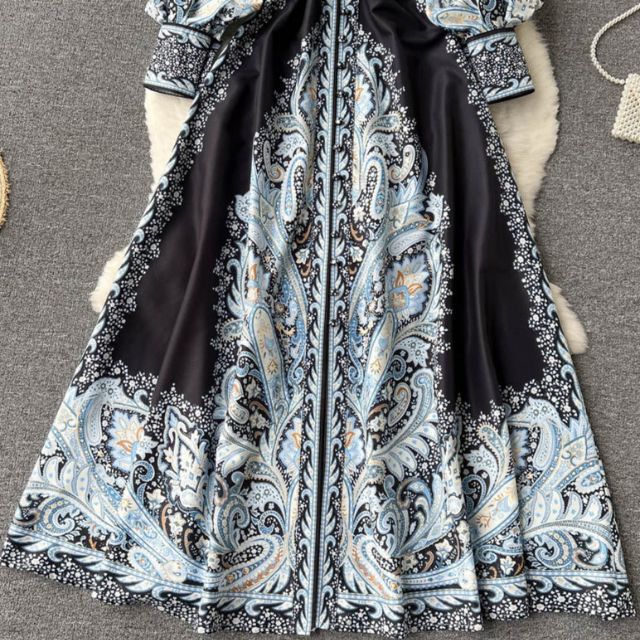 Women's A-line dress with belt and floral pattern