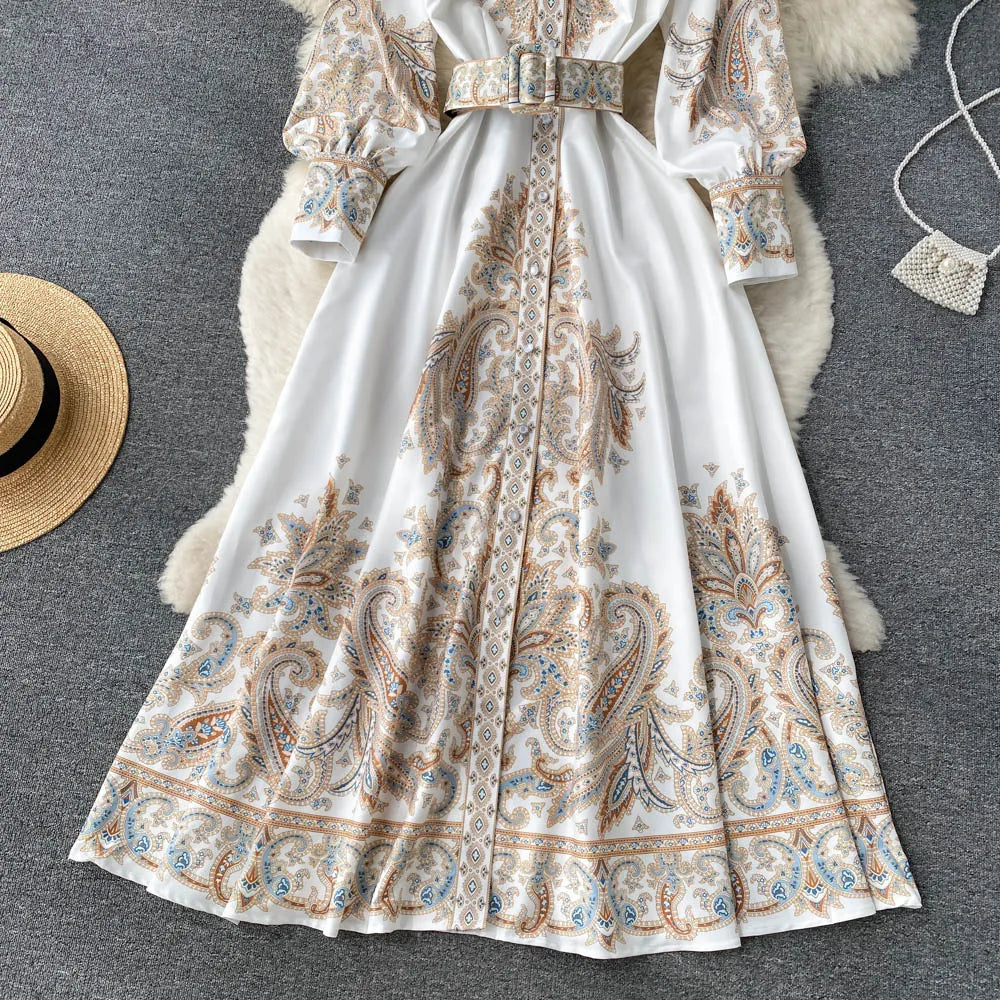 Women's A-line dress with belt and floral pattern