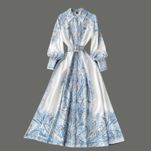 Women's A-line dress with belt and floral pattern