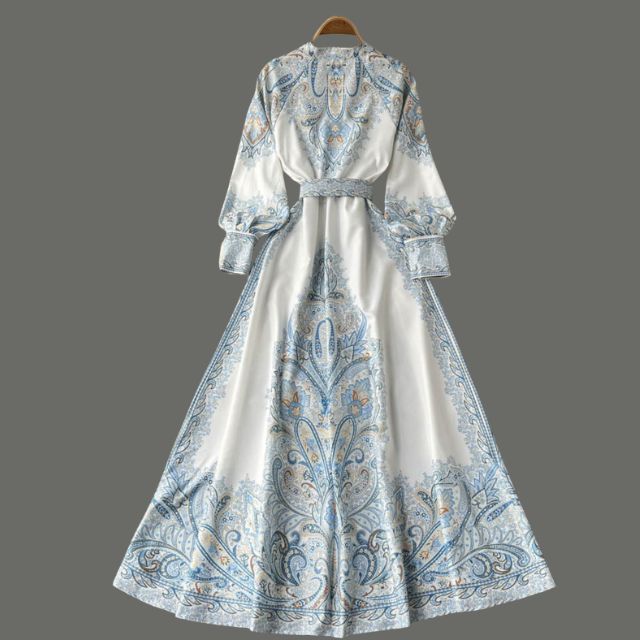 Women's A-line dress with belt and floral pattern