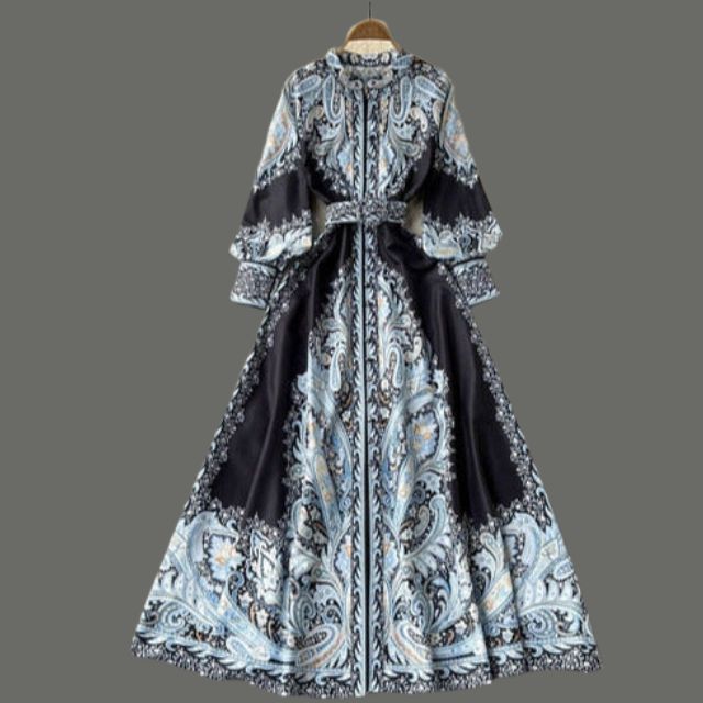 Women's A-line dress with belt and floral pattern