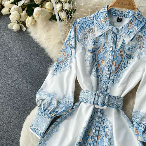 Women's A-line dress with belt and floral pattern