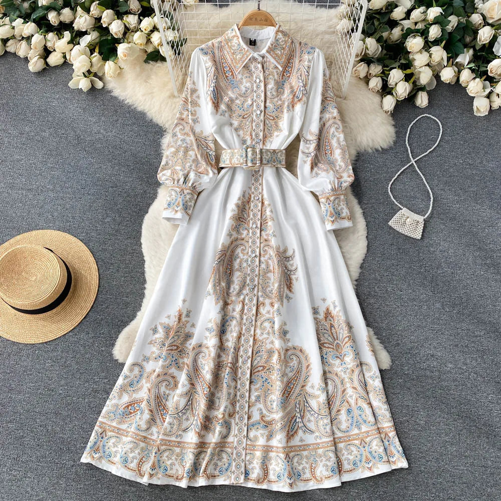 Women's A-line dress with belt and floral pattern
