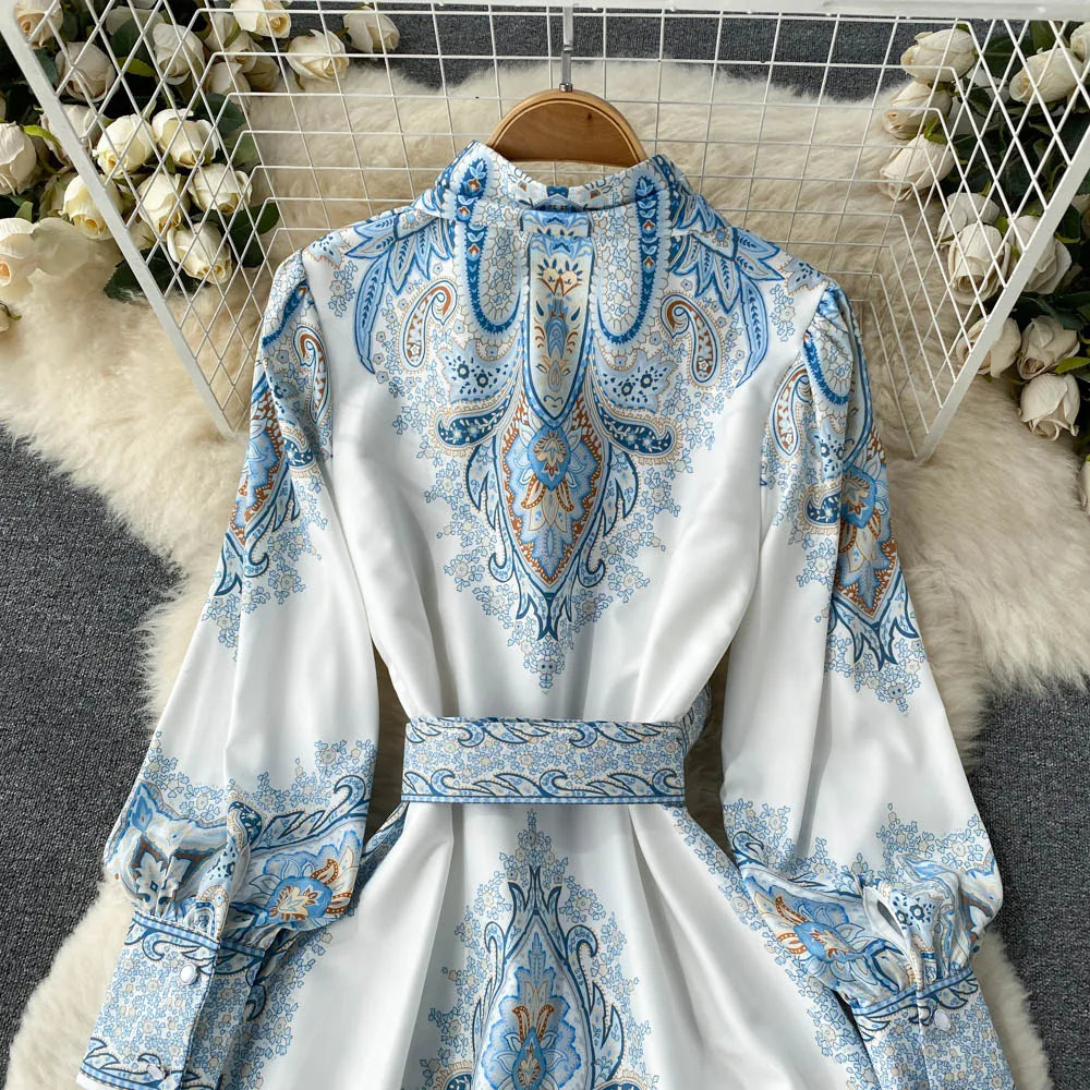 Women's A-line dress with belt and floral pattern