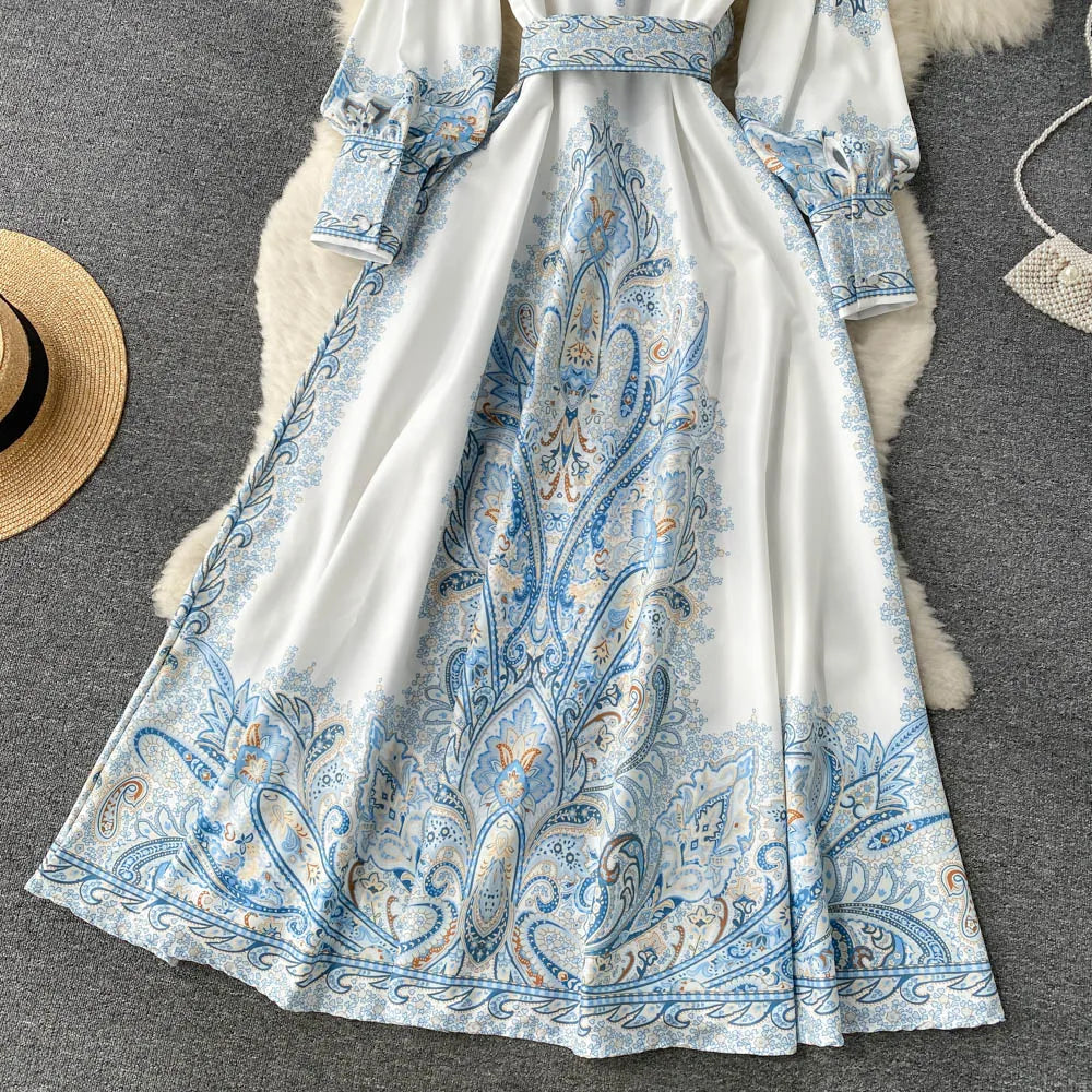 Women's A-line dress with belt and floral pattern