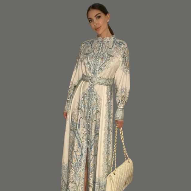 Women's A-line dress with belt and floral pattern