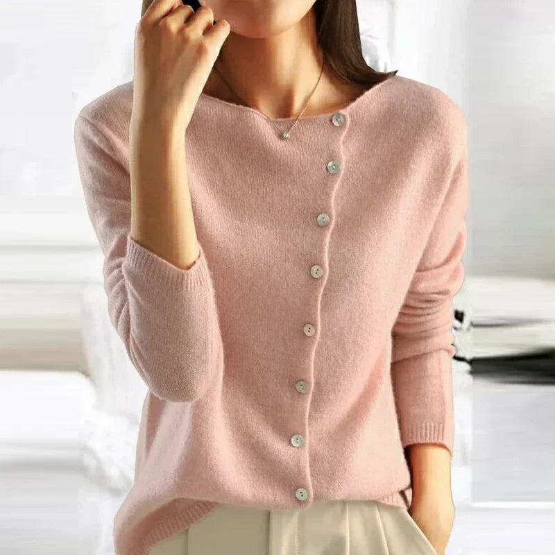 Women's asymmetric sweater with button detail