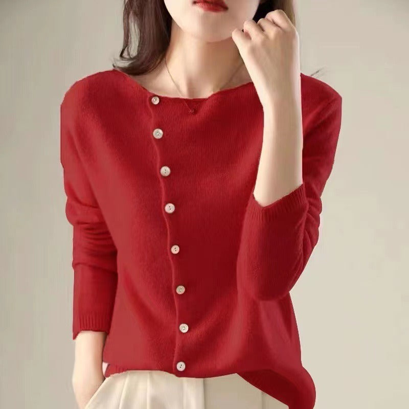 Women's asymmetric sweater with button detail