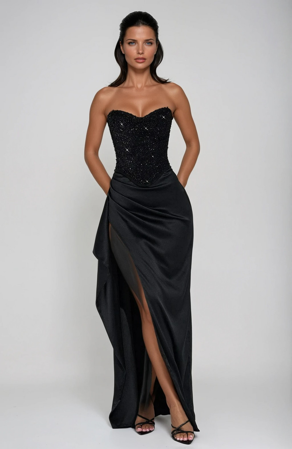 Women's beaded corset strapless maxi cocktail dress
