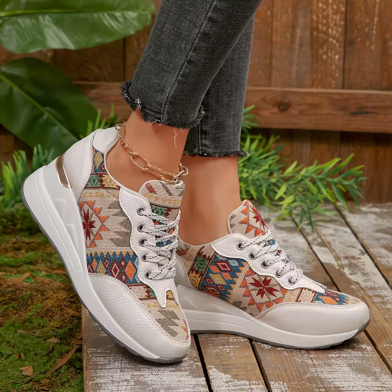Women's boho wedge sneakers with lace-up front
